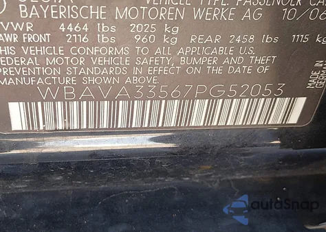 2007 BMW 328I из США, поврежденный, VIN WBAVA33567PG52053